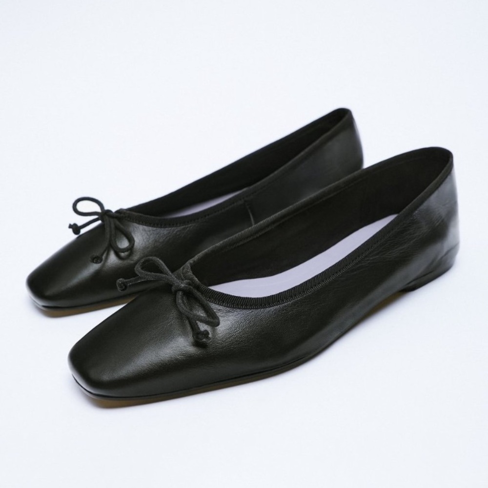 ZARA - BLACK LEATHER BALLET FLATS WITH BOW